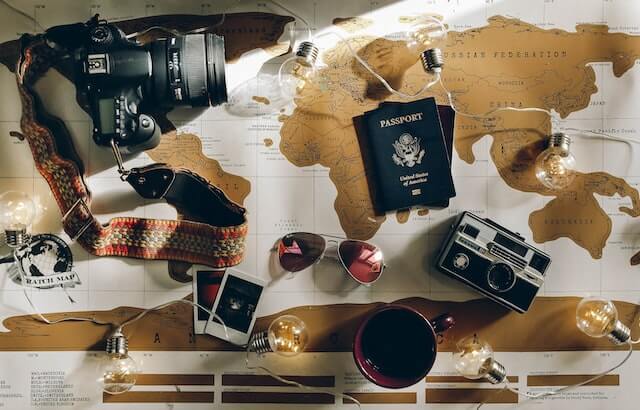 The most important travel items, like camera, passport, map